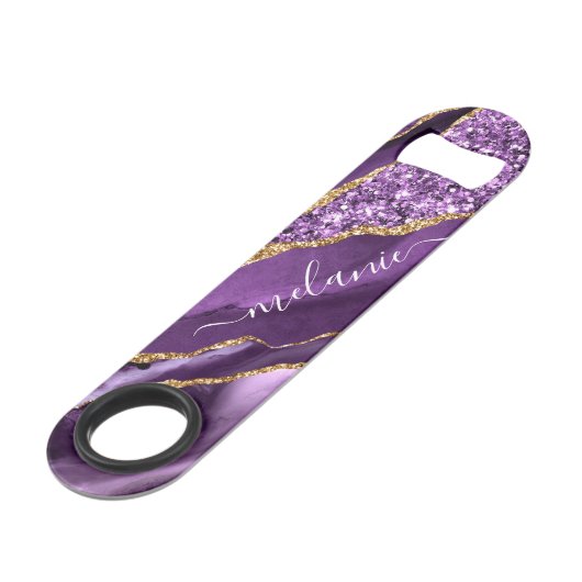 Agate Lila Gold Glitzer Individuelle Name Bar Key (Rückseite Schrägansicht)