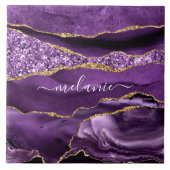 Agate Lila Gold Glitzer Individuelle Name Keramik  Fliese (Vorderseite)