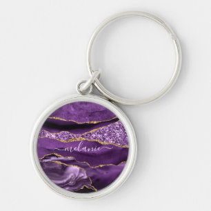Agate Lila Gold Glitzer Individuelle Name Schlüsse Schlüsselanhänger