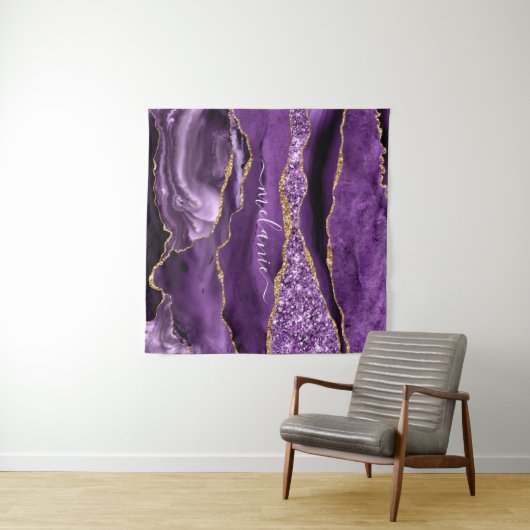 Agate Lila Gold Glitzer Individuelle Name Tapestry Wandteppich (Beispiel (Horizontal))