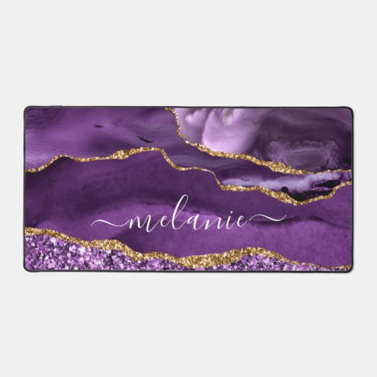 Agate Lila Gold Glitzer Marble Individuelle Name Schreibtischunterlage (Vorderseite)