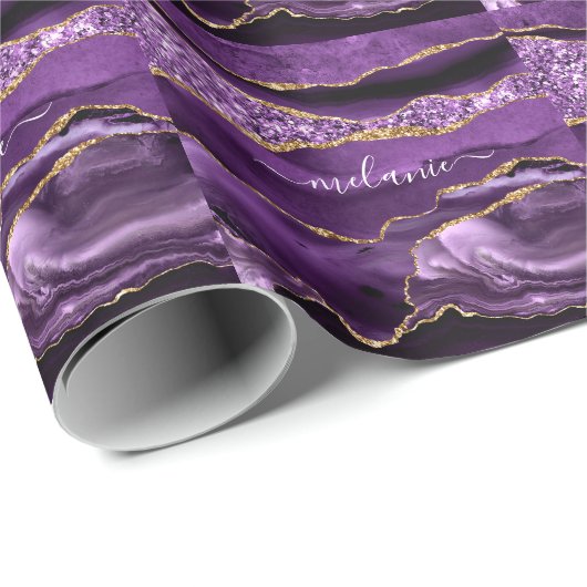 Agate Lila Gold Marmor Ihr Name Wrapping Paper Geschenkpapier (Rolleneckpunkt)