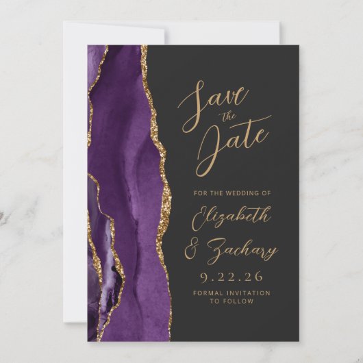 Agate Lila Gold Moderne Script Dark Wedding Save The Date (Vorderseite)