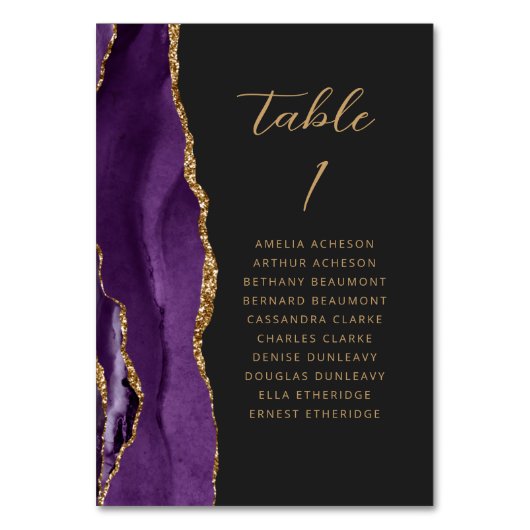 Agate Lila Gold Moderne Script Dark Wedding Tischnummer (Rückseite)