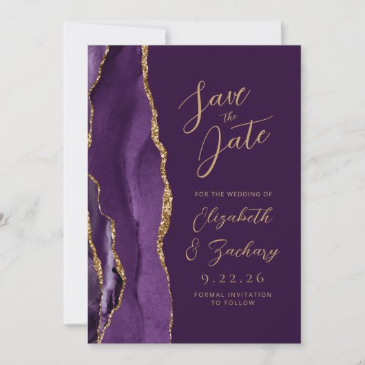 Agate Lila Gold Pflaume Moderne Script Wedding Save The Date (Vorderseite)