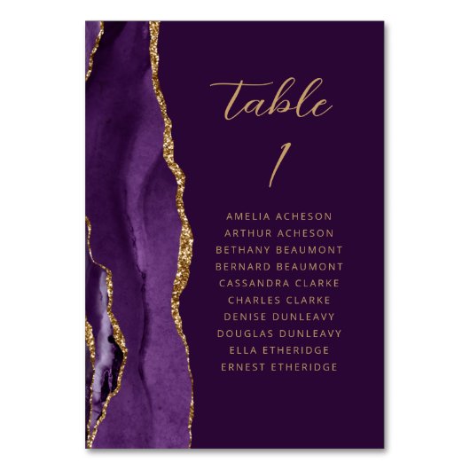 Agate Lila Gold Pflaume Moderne Script Wedding Tischnummer (Vorderseite)
