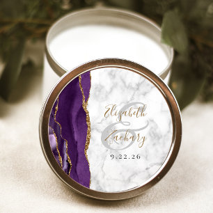 Agate Lila Gold Script Marble Wedding Runder Aufkleber
