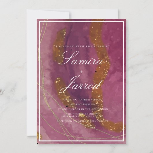 Agate Lila Mustard Watercolor Imitate Goldhochzeit Einladung (Vorderseite)