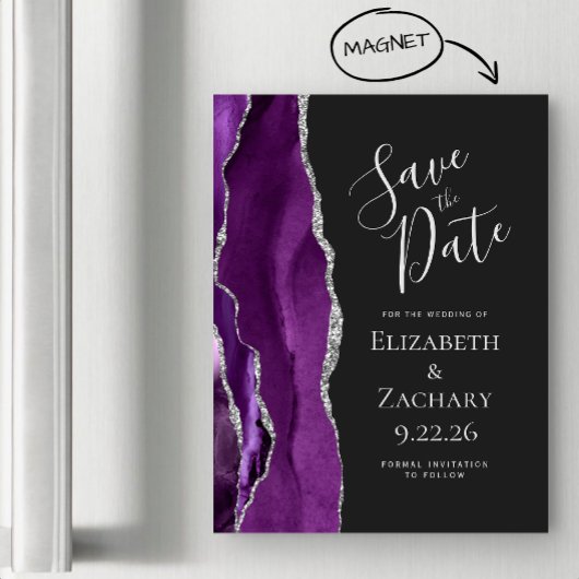 Agate Lila Silber Dunkelmagnetisch Save the Date Magnetkarte