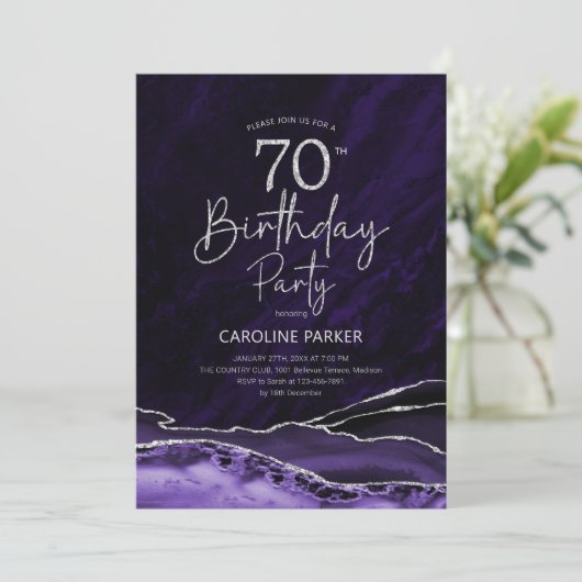 Agate Lila Silver 70. Geburtstag Einladung (Stehend Vorderseite)