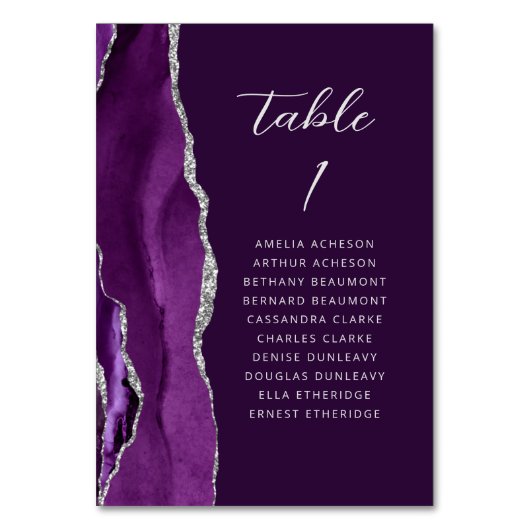 Agate Lila Silver Modern Script Plum Wedding Tischnummer (Rückseite)