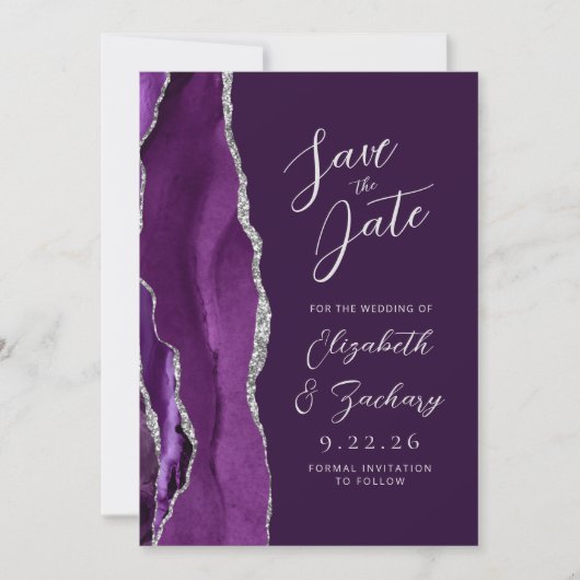 Agate Lila Silver Plum Script Wedding Suite Save The Date (Vorderseite)