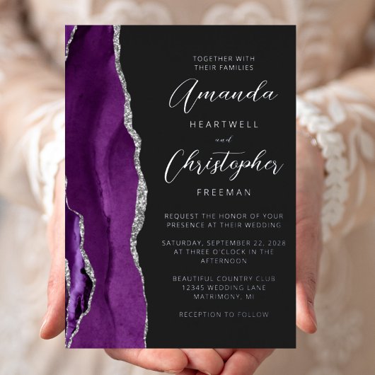Agate Lila Silver Script Dark Wedding Folieneinladung