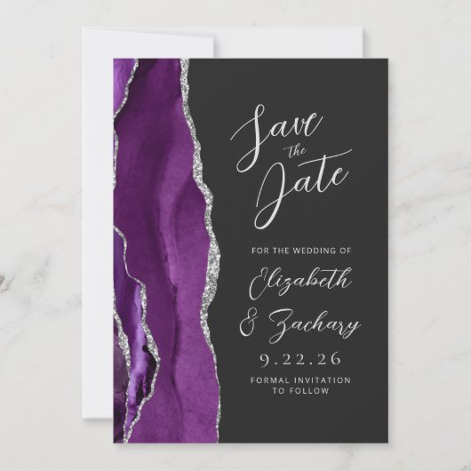 Agate Lila Silver Script Dark Wedding Suite Save The Date (Vorderseite)