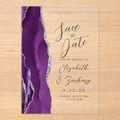 Agate Lila Silver Script Wedding Save the Date Acryleinladungen (Vorderseite)