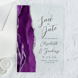 Agate Lila Silver Script Wedding Save the Date Acryleinladungen