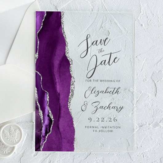 Agate Lila Silver Script Wedding Save the Date Acryleinladungen