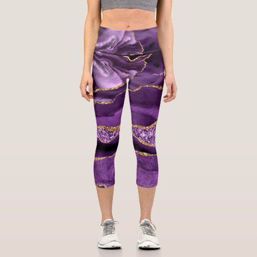 Agate Lila Violet Gold Glitzer Geode Ihr Name Capri Leggings (Vorderseite)
