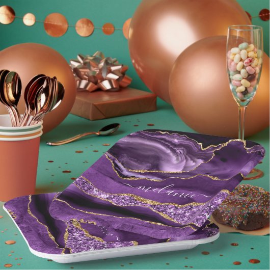 Agate Lila Violet Gold Glitzer Geode Ihr Name Pappteller (Multi)