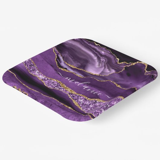 Agate Lila Violet Gold Glitzer Geode Ihr Name Pappteller (Gewinkelt)