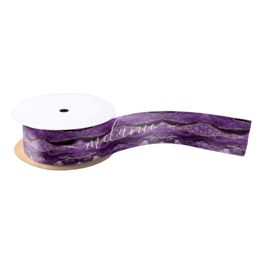 Agate Lila Violet Gold Glitzer Geode Ihr Name Satinband (Spule)