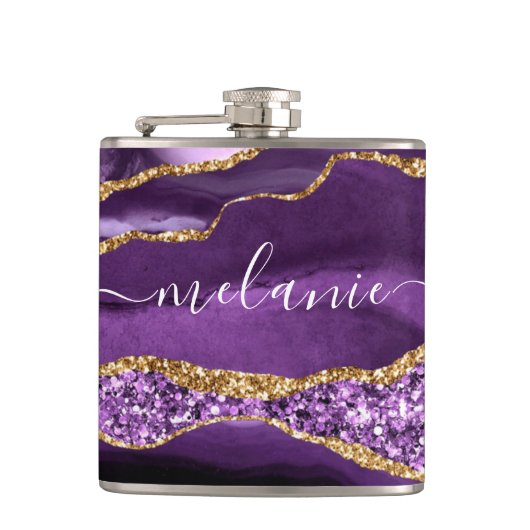 Agate Lila Violet Gold Glitzer Geode Individuelle  Flachmann (Vorderseite)