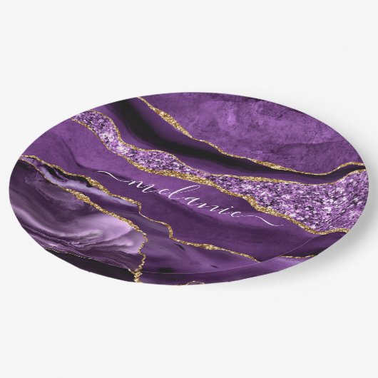 Agate Lila Violet Gold Glitzer Geode Individuelle Pappteller (Schrägansicht)