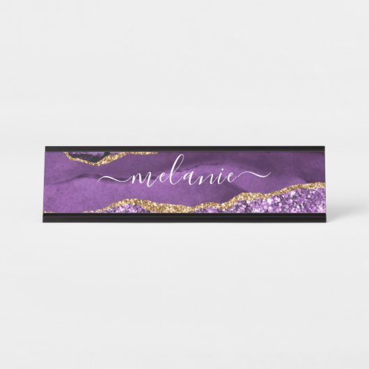 Agate Lila Violet Gold Glitzer Geode Individuelle  Schreibtischnamensplakette (Vorderseite )