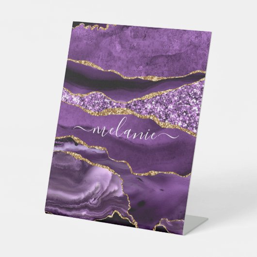 Agate Lila Violet Gold Glitzer Geode Individuelle Sockelschild (Vorderseite)