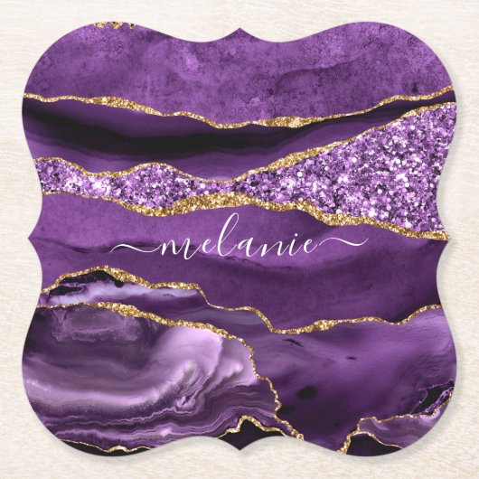 Agate Lila Violet Gold Glitzer Geode Individuelle Untersetzer (Vorderseite)