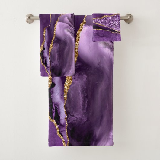 Agate Lila Violet Gold Glitzer Geode Name Badhandtuch Set (Insitu)