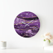 Agate Lila Violet Gold Glitzer Geode Name Clock Große Wanduhr (Zuhause)