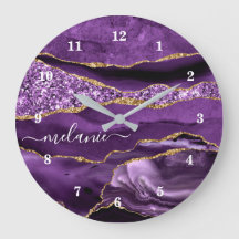 Agate Lila Violet Gold Glitzer Geode Name Clock