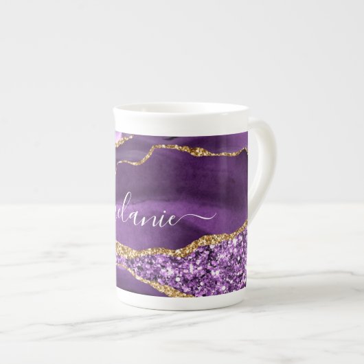Agate Lila Violet Gold Glitzer Geode Tasse Name (Vorderseite Rechts)