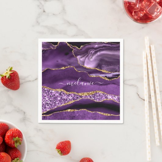 Agate Lila Violet Gold Glitzer Ihr Name Napkins Serviette (Beispiel)