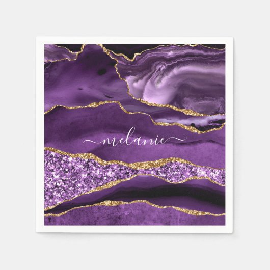 Agate Lila Violet Gold Glitzer Ihr Name Napkins Serviette (Vorderseite)