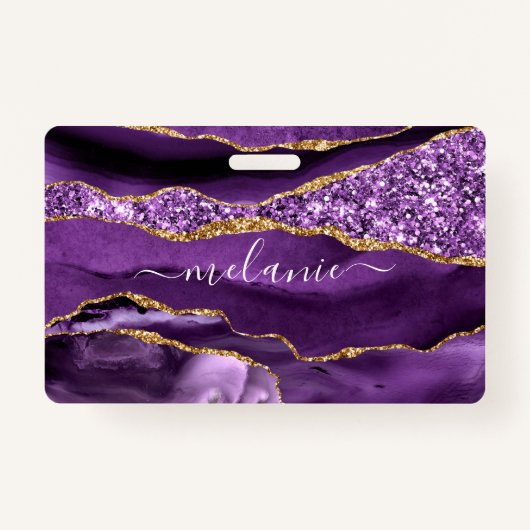 Agate Lila Violet Gold Glitzer Individuelle Name A Ausweis (Vorderseite)