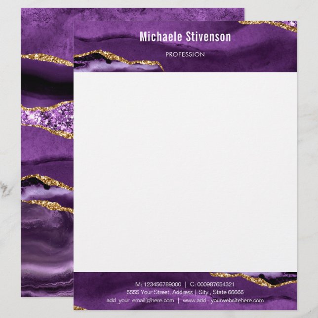 Agate Lila Violet Gold Glitzer Luxus Letterhead Briefbogen (Vorne/Hinten)