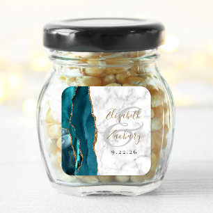 Agate Marble Aquamarin Blue Gold Script Hochzeit Quadratischer Aufkleber