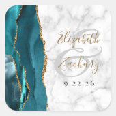 Agate Marble Aquamarin Blue Gold Script Hochzeit Quadratischer Aufkleber (Vorderseite)