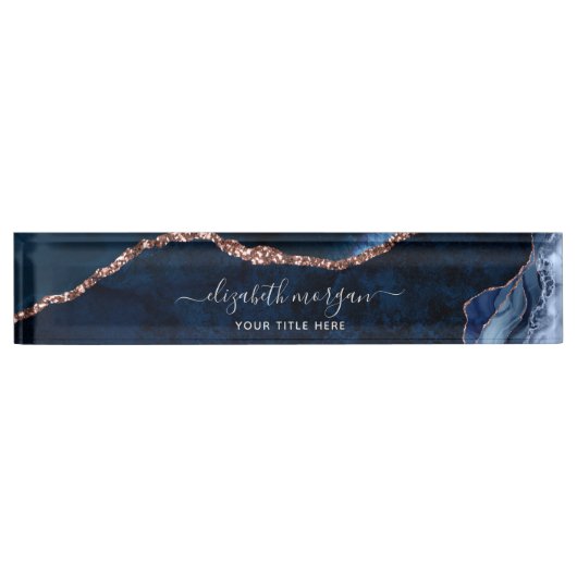 Agate Marble Blue Rose Gold Foil Signature Script Namensplakette (Vorderseite)