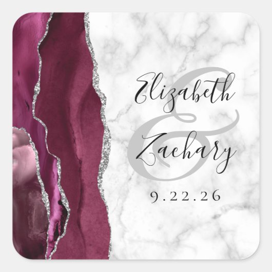 Agate Marble Burgundy Silver Script Wedding Quadratischer Aufkleber (Vorderseite)