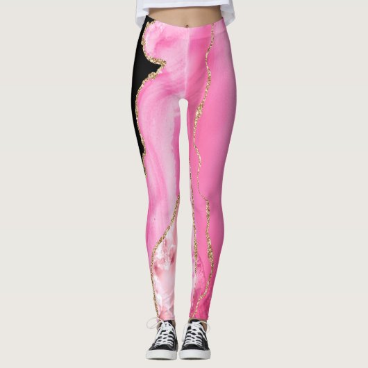 Agate Marble Glitzer Pink Black Gold Leggings (Vorderseite)