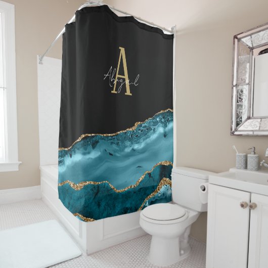 Agate Marble Gold Aquamarin Glitzer Monogram Duschvorhang (Beispiel)