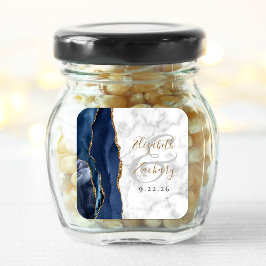 Agate Marble Navy Blue Gold Script Hochzeit Quadratischer Aufkleber