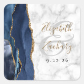 Agate Marble Navy Blue Gold Script Hochzeit Quadratischer Aufkleber (Vorderseite)