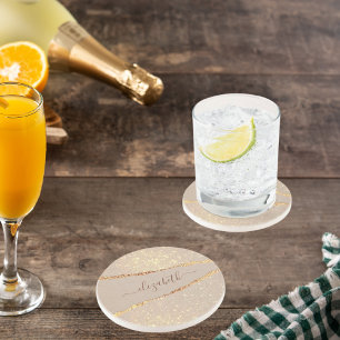 Agate marble stone glitter rose gold name script getränkeuntersetzer