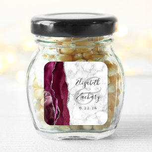 Agate-Marmor-Burgunder-Silber-Schrift-Hochzeit Quadratischer Aufkleber