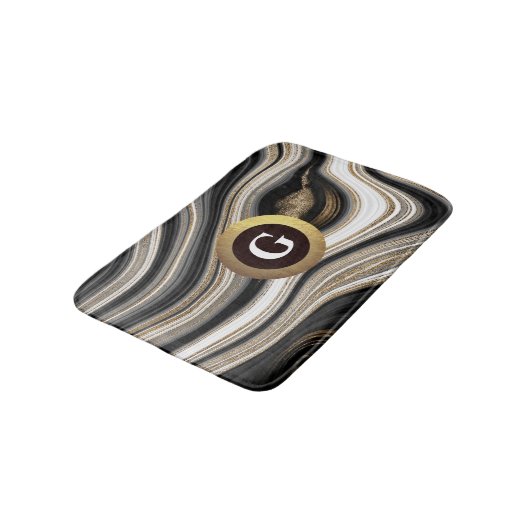 Agate-Monogramm für Schwarz-weiße und goldene Flüs Badematte (Schrägansicht)