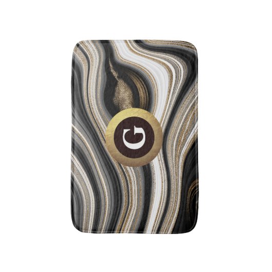 Agate-Monogramm für Schwarz-weiße und goldene Flüs Badematte (Vorderseite Vertikal)